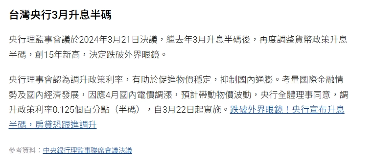 台灣央行3月升息半碼
