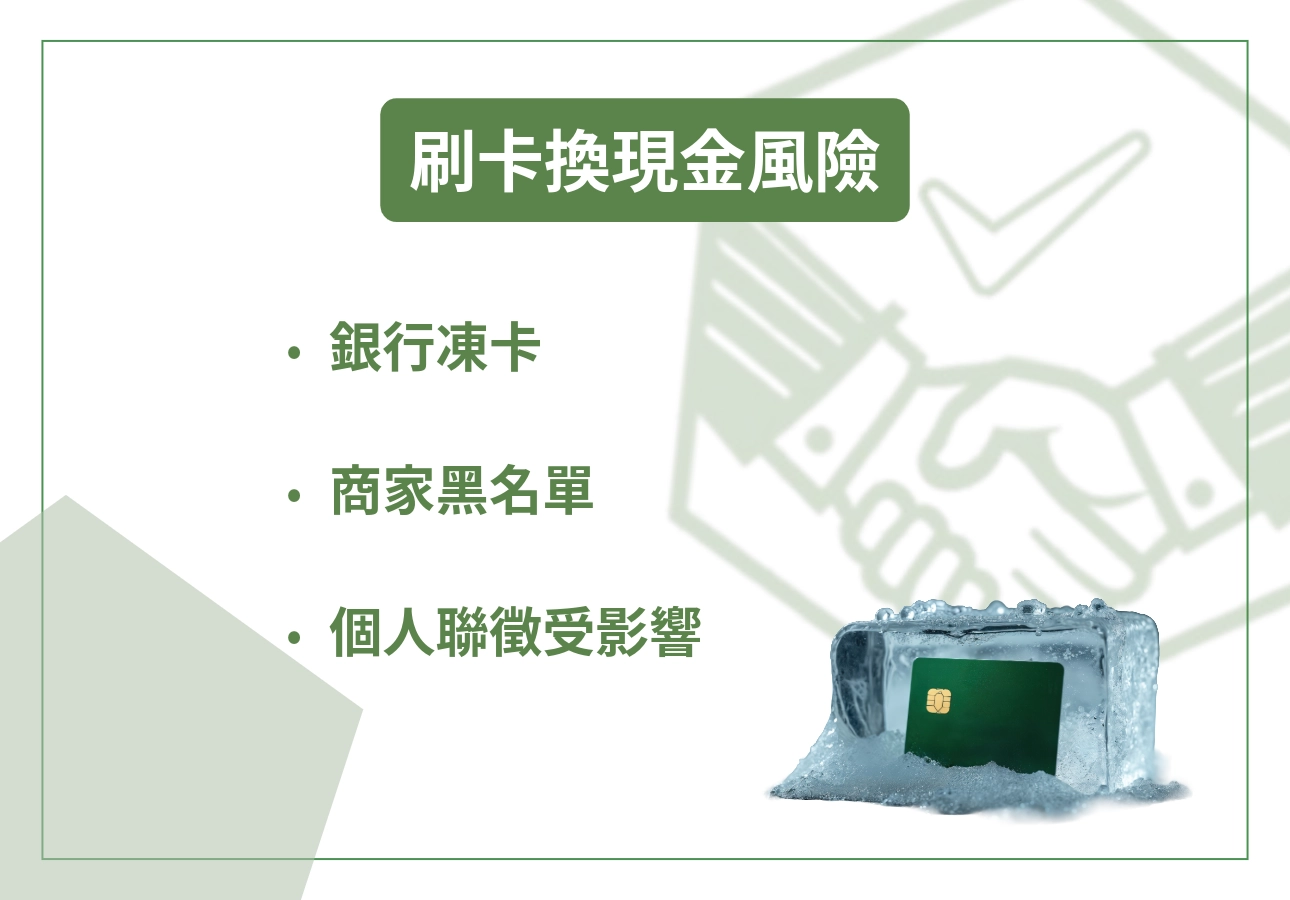 刷卡換現金風險示意圖：銀行凍卡、商家黑名單、個人聯徵受影響