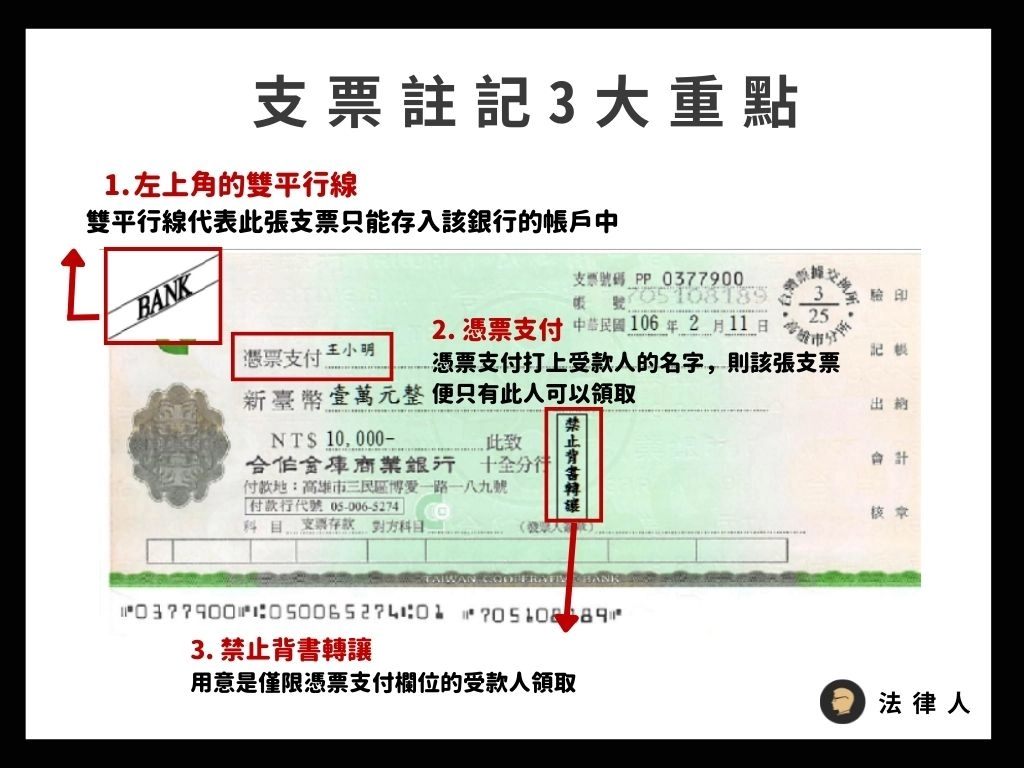 怎麼看支票是否需要由本人辦理？要看憑票支付和是否有禁止背書轉讓的備註。