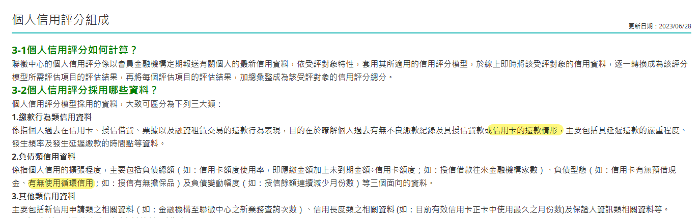 聯徵中心「個人信用評分組成」官方頁面截圖,列出信用評分採用的三大類資料:繳款行為類信用資料、負債類信用資料(含信用卡額度使用率、有無使用循環信用)、其他類信用資料