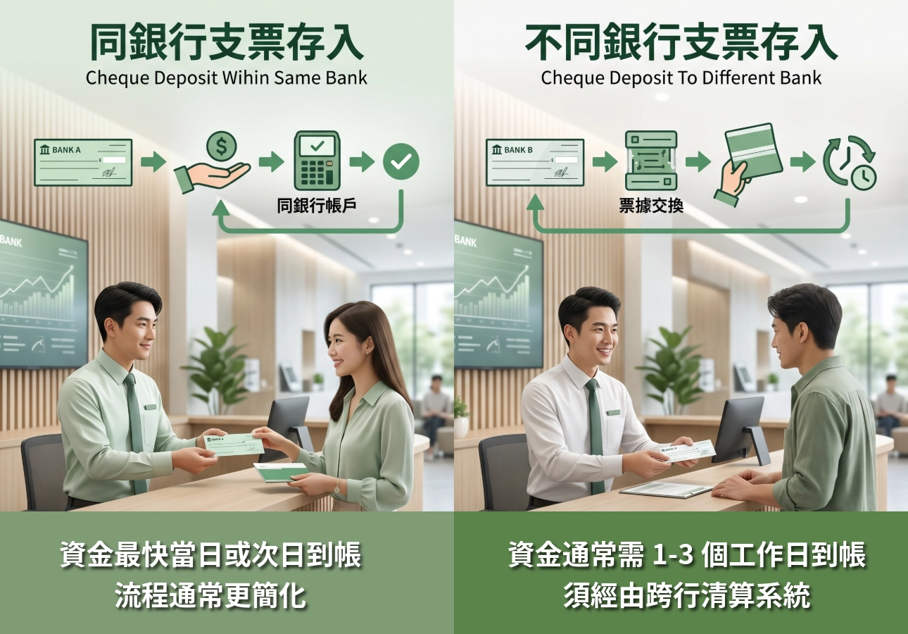 支票存入同銀行 VS 支票存入不同銀行
